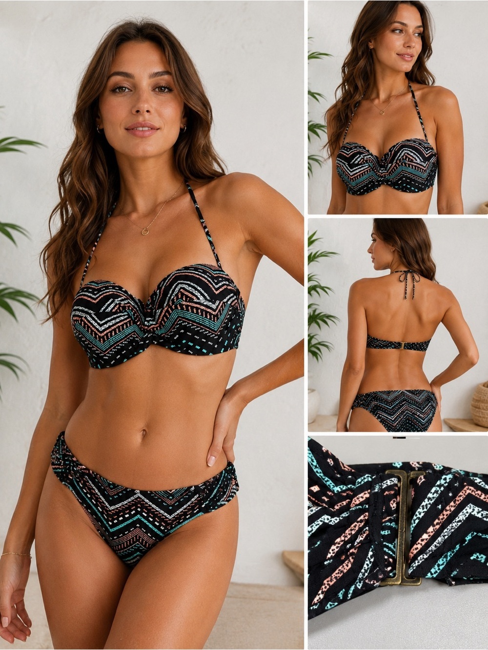 Roxy Bikini Set Women’s Medium Black Geometric Print Bandeau Swimwear NWT